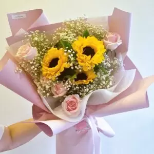 Natalie Sunflower with Pink Roses Bloom Bouquet