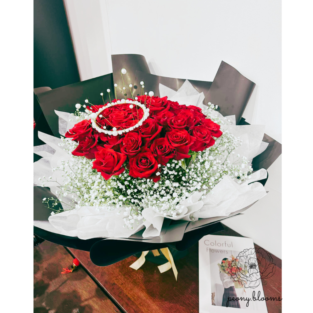 33 Red Roses with Baby Breath , Crown and Fairy Lights - Peony Blooms