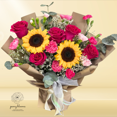 Valeria Sunflower with Hot Pink Roses Bouquet