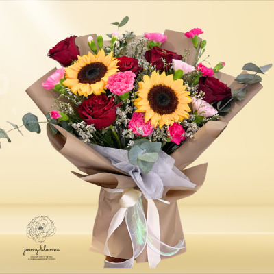 Valeria Sunflower with Red Roses Bouquet