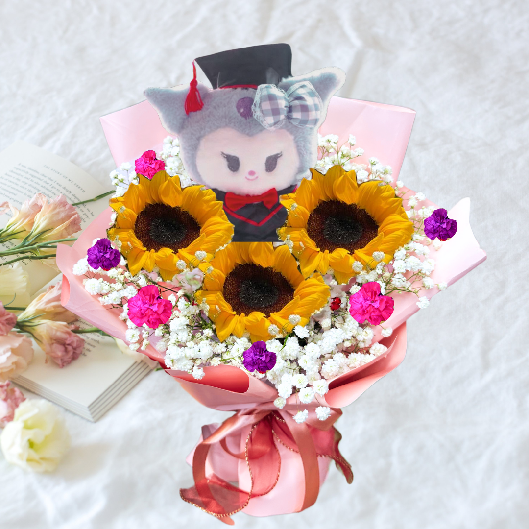 Graduation Kuromi bouquet with triple sunflowers, plush toy, and fresh flowers.