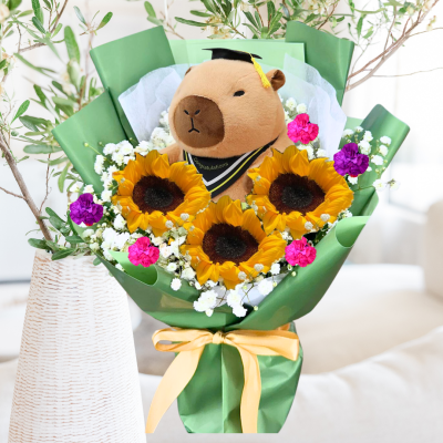Graduation Capybara with Triple Sunflowers