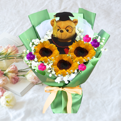 Graduation Bear with Triple Sunflowers