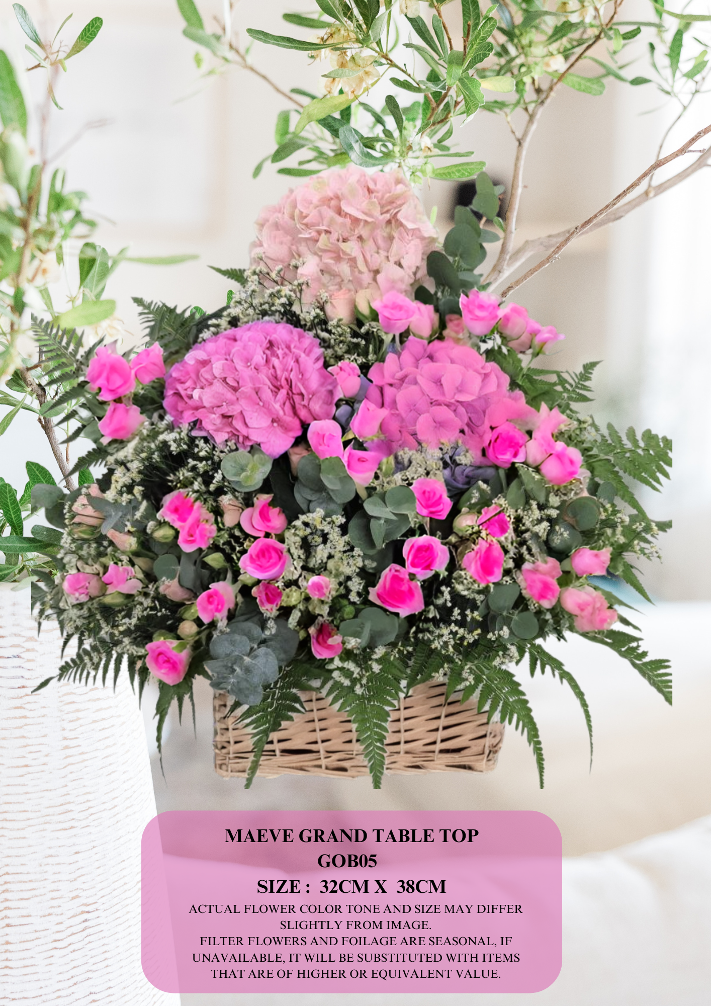 Order a table top flower arrangement in Singapore. Maeve Grand floral design with fresh blooms and same-day delivery for elegant occasions.