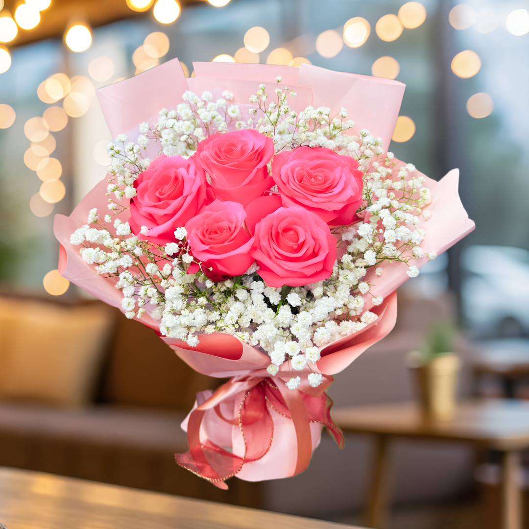 Classic 5 Pink Roses with Baby Breath (VDAY)