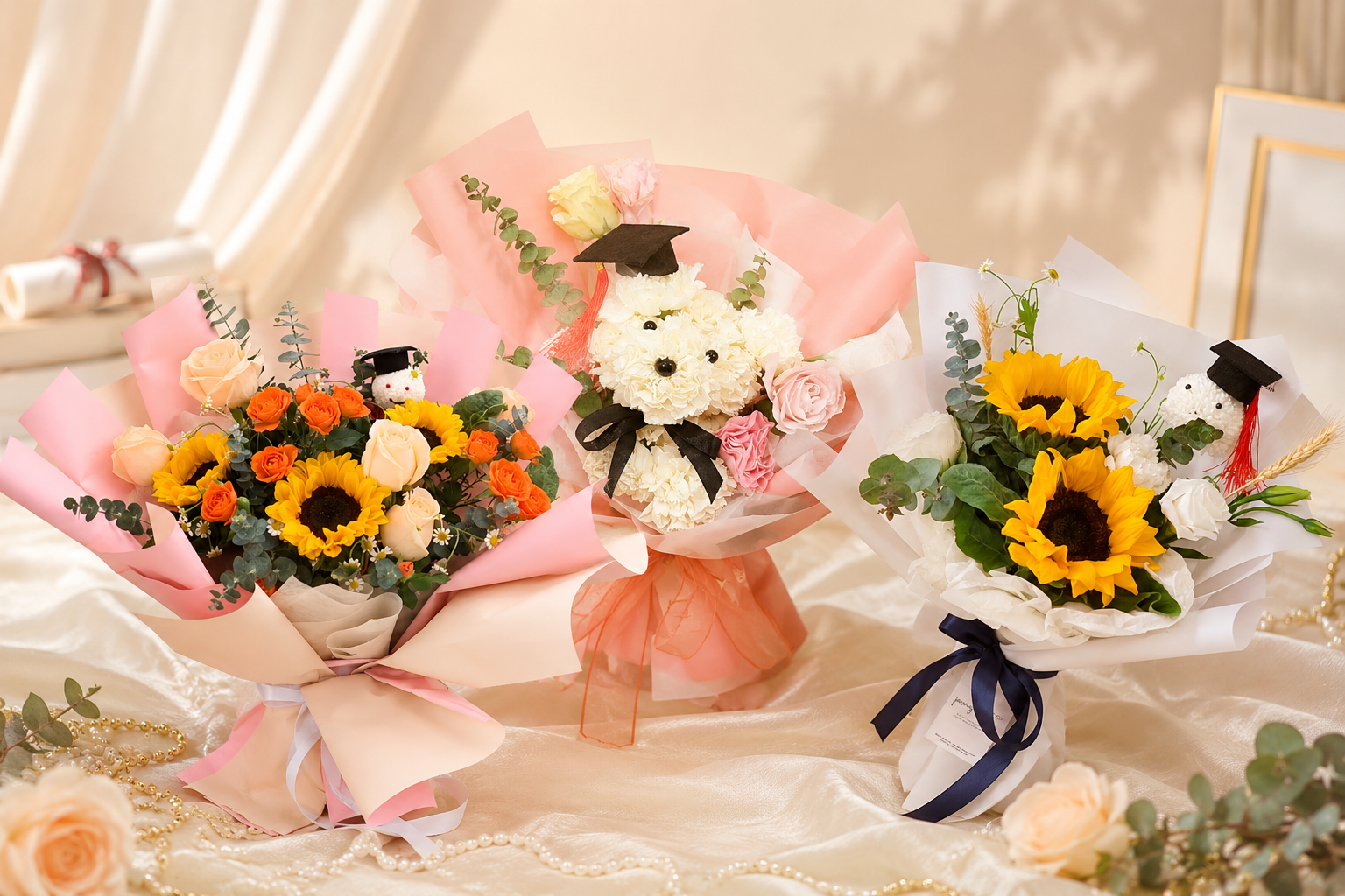 Three graduation flower bouquets featuring sunflowers, roses, and teddy bear arrangements displayed on an elegant cream backdrop for Happy Graduation 2026 celebrations in Singapore.