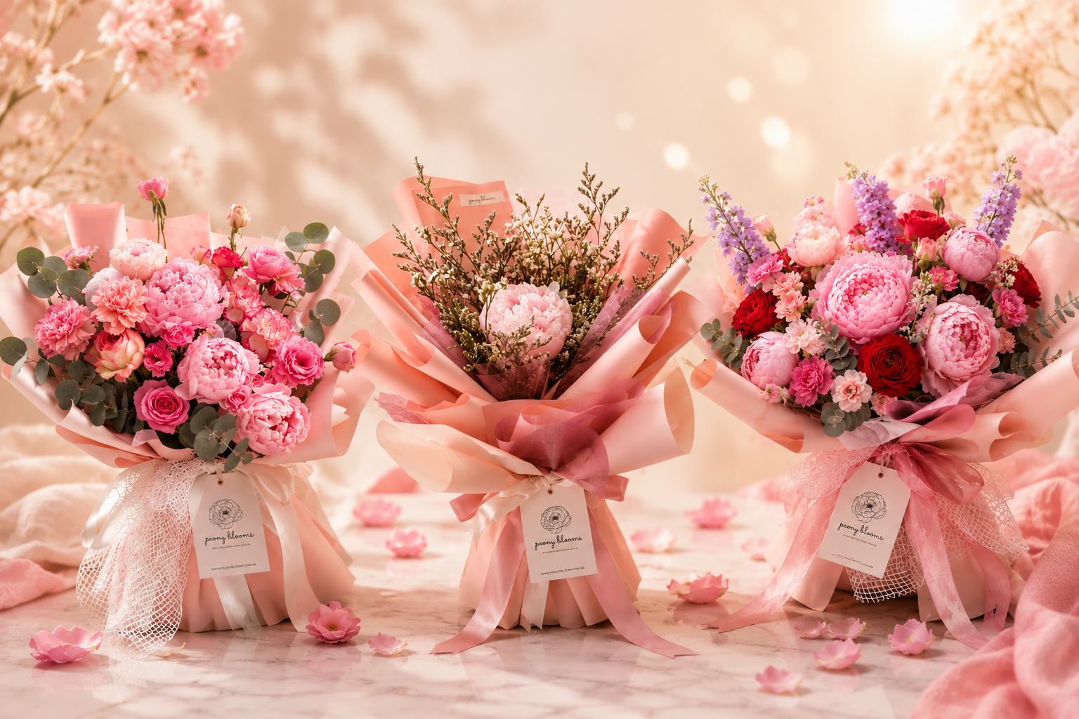 Three handcrafted peony bouquets with pink seasonal flowers beautifully arranged for Peonyblooms Singapore.